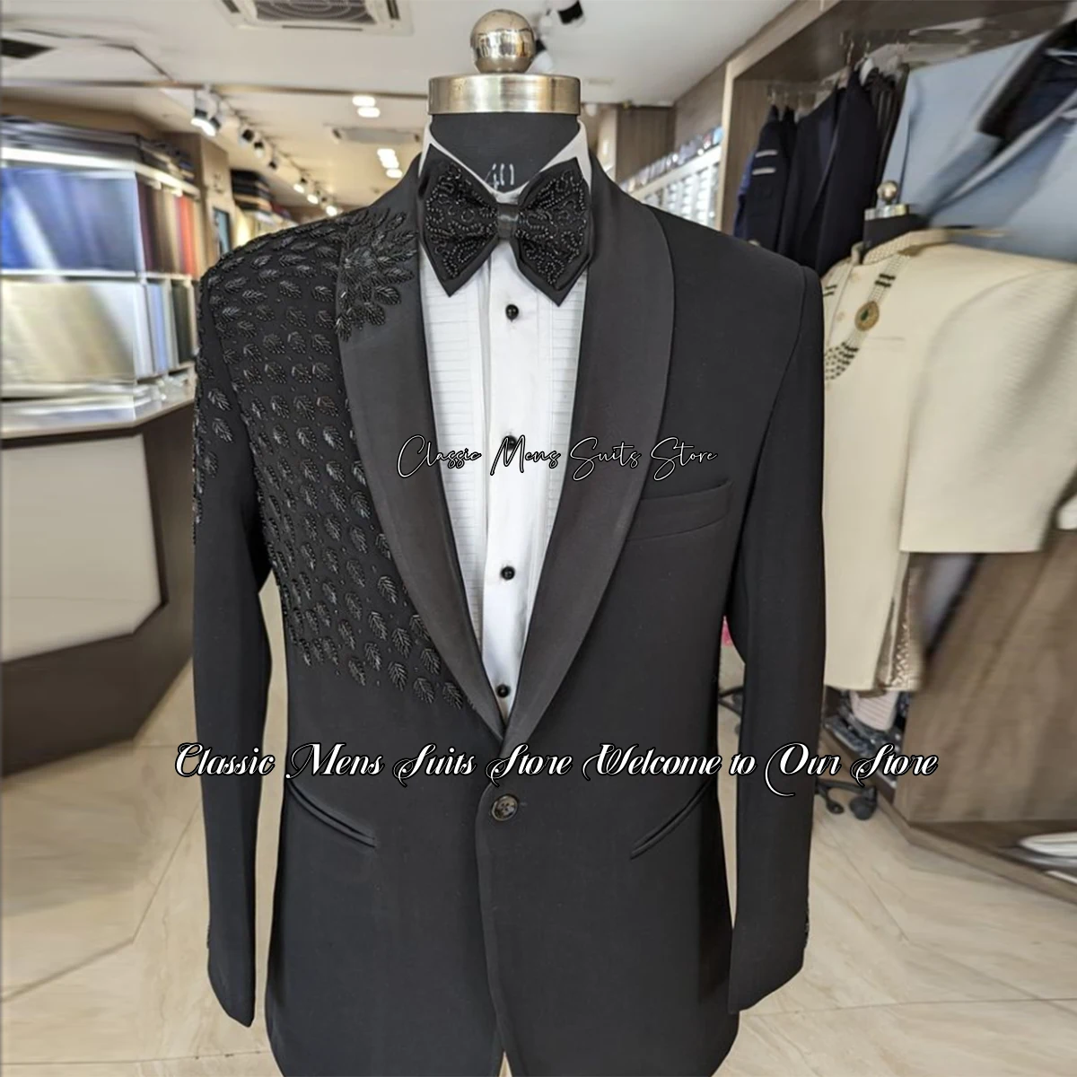 

Luxury Beaded Crystals Groom Wedding Tuxedos Black Formal Men Suits 2 Pieces Sets Bridegroom Prom Blazers Slim Fit Costume Homme