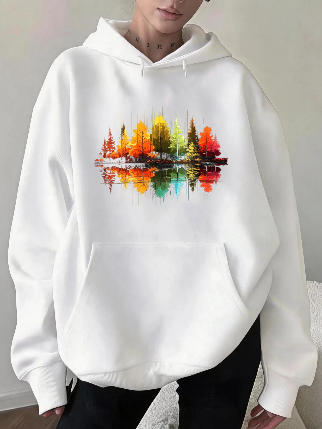 Plus Size Women Back to School Hoodie Casual Drop Shoulder Drawstring Hooded Pullover for Student Daily Colorful Autumn Forest Trees Reflection Print Outdoor Fall New Fall Arrival Multiple Colors Available
