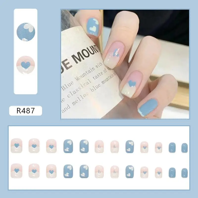 24Pcs Korean Fresh False Nails Patch Artificial Press On Wearing False Nails Detachable Fake Fingernails Full Cover Nail Tips