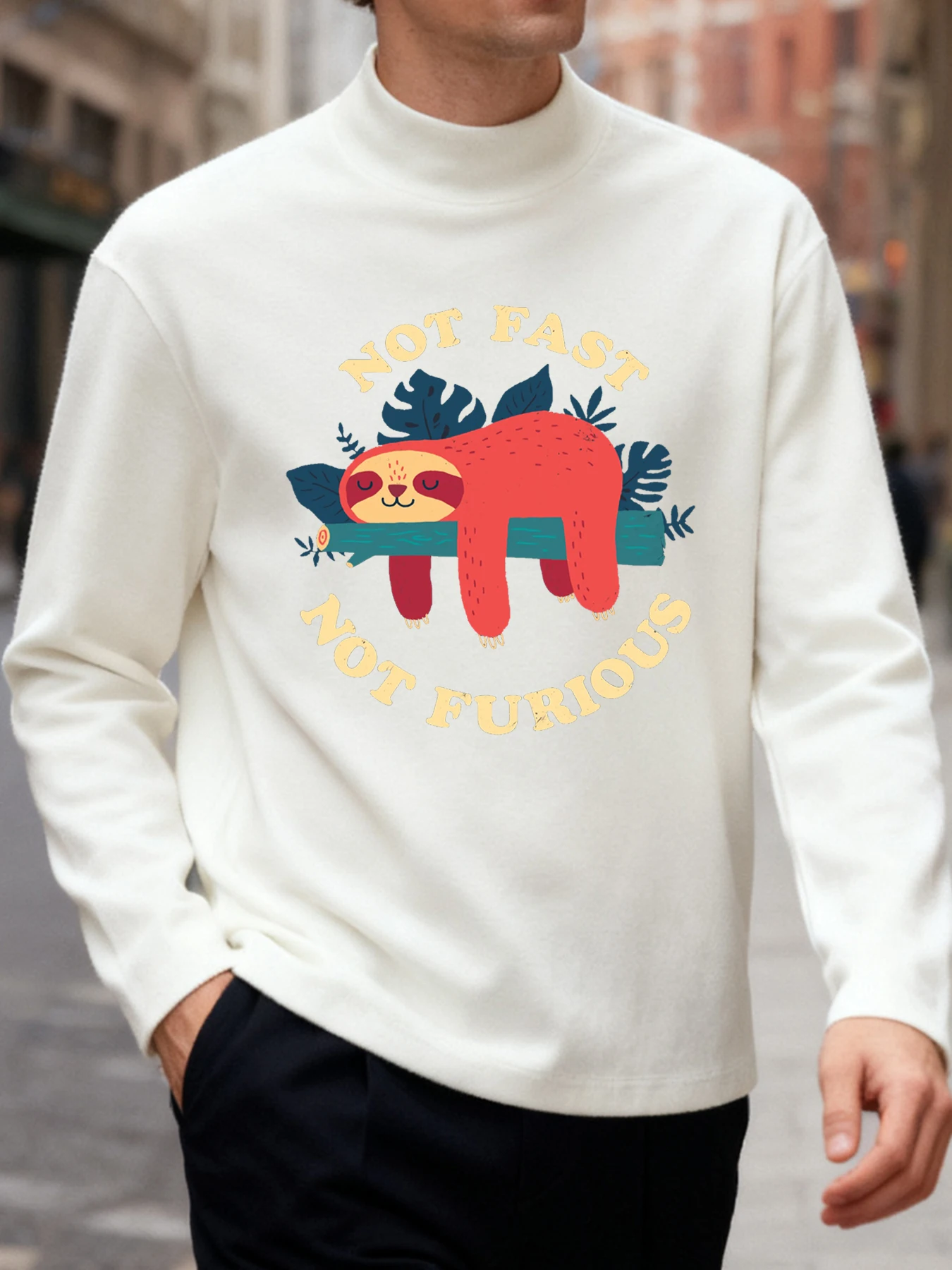 เสื้อยืดพิมพ์ลาย Not Fast Not Furious สำหรับผู้ชาย คอเต่าครึ่งตัว สไตล์ลำลอง เสื้อยืดฤดูใบไม้ร่วง ผ้าฟลีซ ยืดหยุ่น สตรีทแวร์ ฮิปฮอป แขนยาว