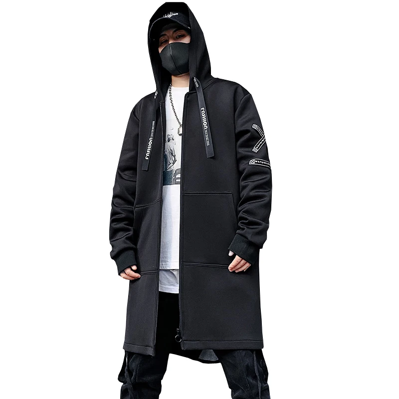 

Модный мужской плащ с принтом, уличная ветровка с капюшоном в стиле Харадзюку, облегающая верхняя одежда с лентами