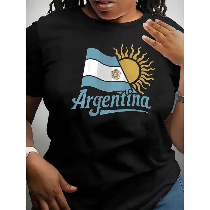 Ladies' Argentine Flag Printed T-shirt Cotton Casual Short Sleeved Round Neck Top with Sun Emblem and Cursive Font Loose Top