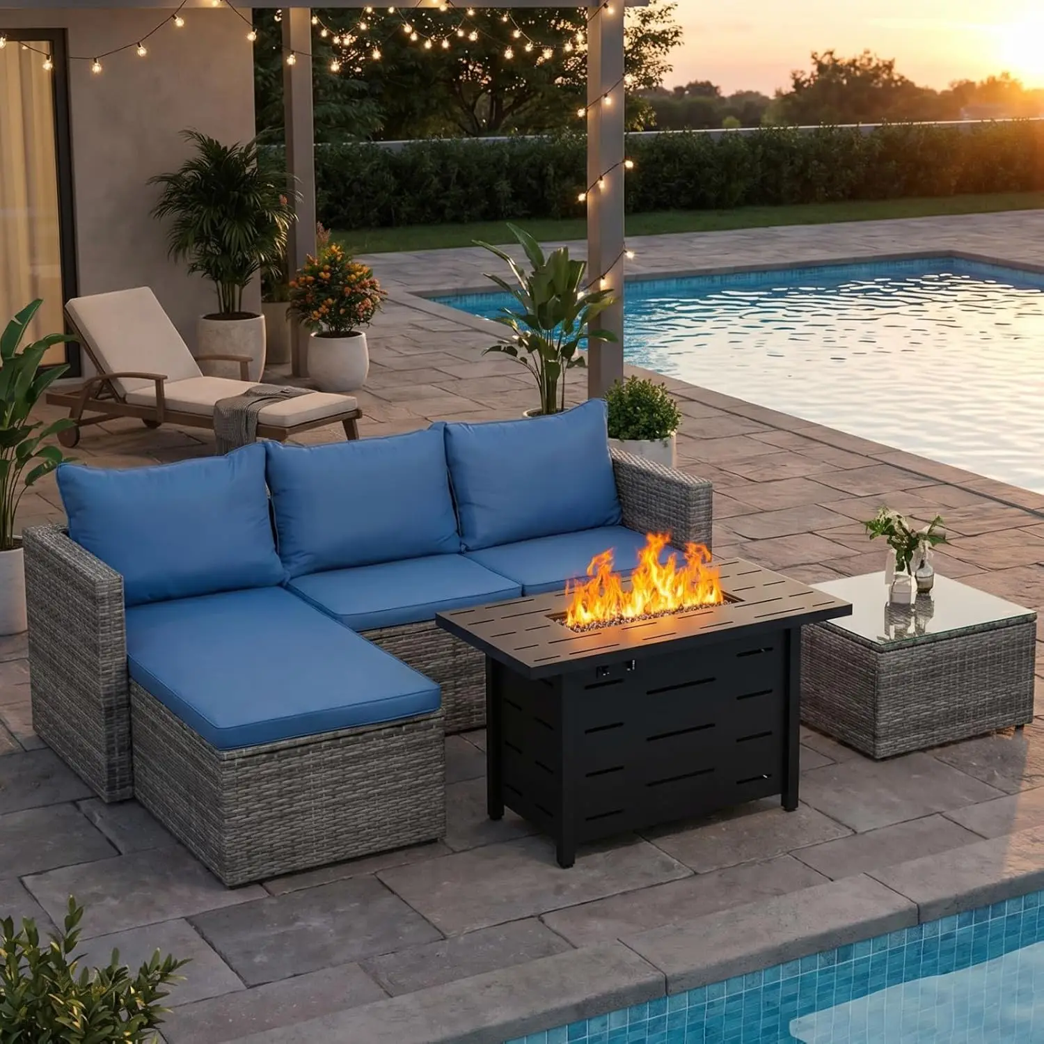 

4-Piece Patio Furniture Set 43'' Propane Fire Pit Table Wicker Sectional Sofa Backyard Pool Garden Customized