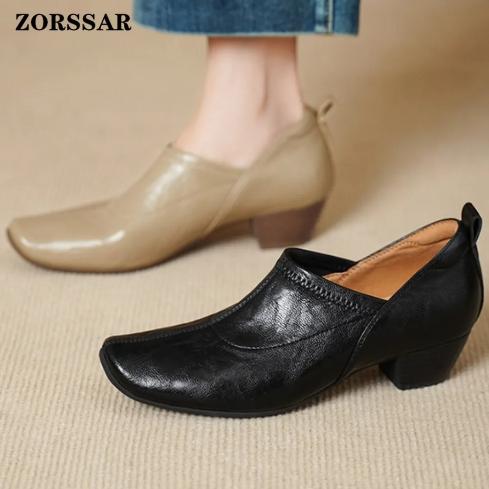 Damen Khaki Echtleder Loafer mit eckiger Zehenpartie, mittelhohem Blockabsatz und Rückzuglasche – Bequeme Alltags- und elegante Schuhe zum Hineinschlüpfen