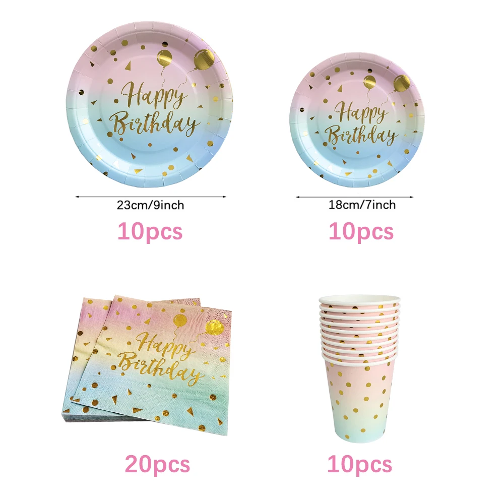 Regenbogen Geburtstag Einweggeschirr Gold Dot Farbverlauf Teller Tassen Servietten für Mädchen Regenbogen Party Dekoration Hochzeitszubehör – Detail 4