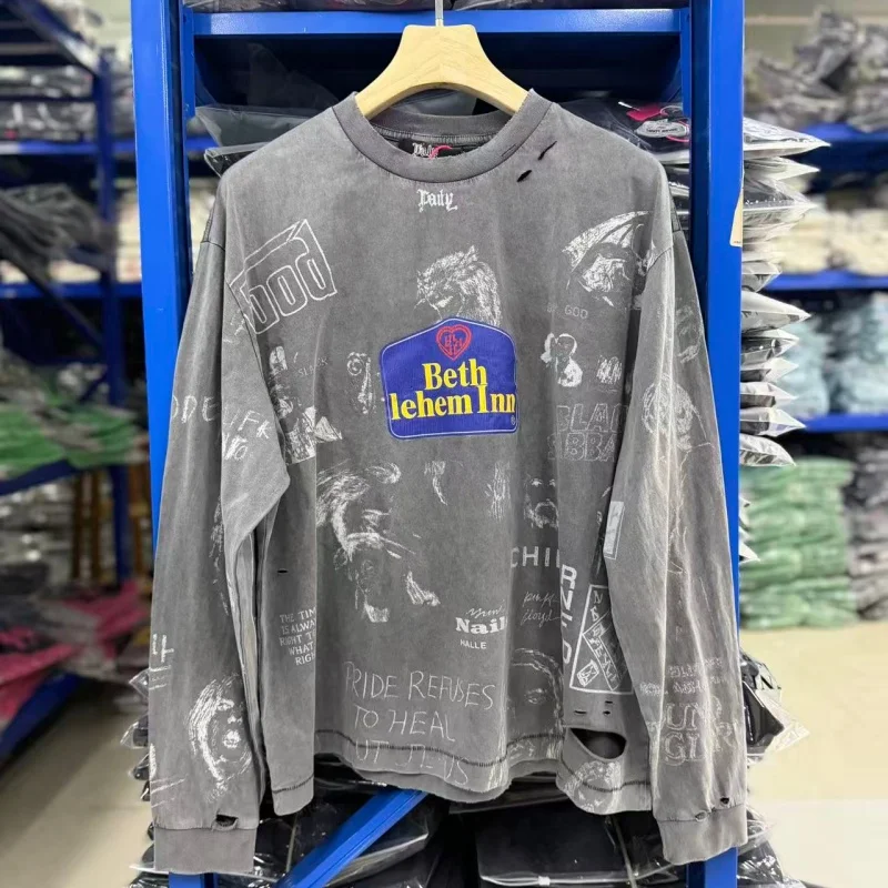 Mens Retro Western Long Sleeve T-Shirt Oversized Heavyweight All Over Text Sketch Top