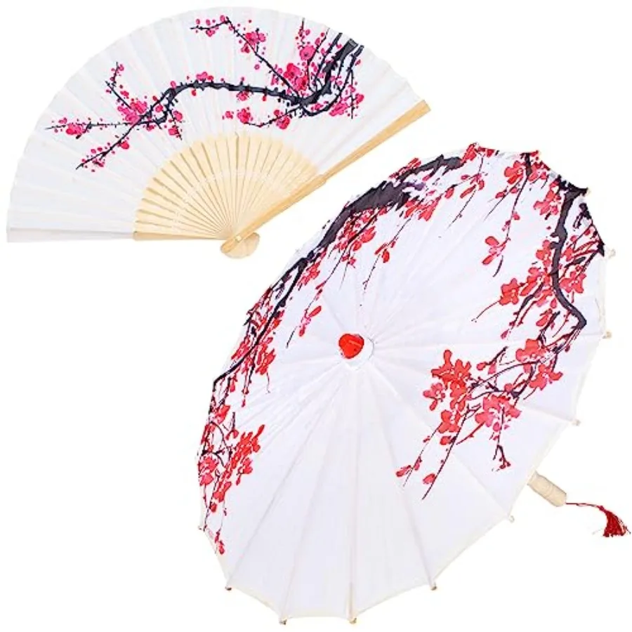 

Elibelle Hand made Japanese oriental parasol dancing umbrella 22 inch with hand held silk folding fans for kids
