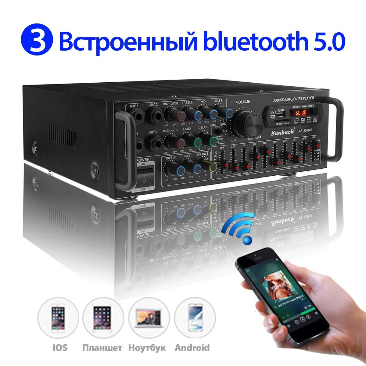 12V 2000W 4 Way Microphone Input Amplifier Audio Stereo Digital Radio USB SD AMP FM DVD Remote Control bluetooth 5.0 Car Home