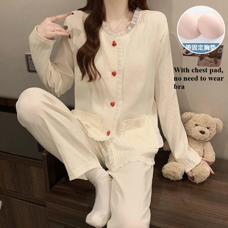 Pajamas Women's Long Sleeves Trousers Pijamas De Mujer with Chest Pads Princess Style Cardigan Popular 100% Cotton Loungewear