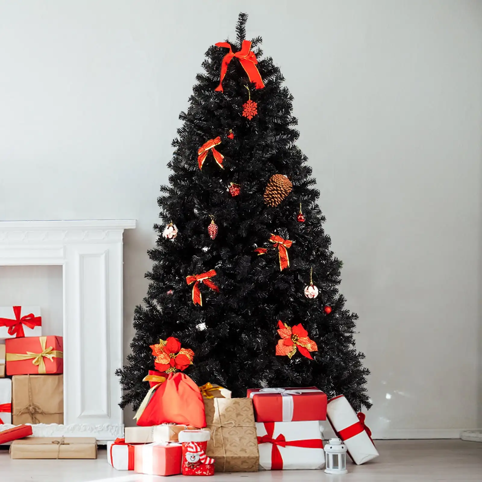 

7 Ft Halloween Full Christmas Tree, 1800 Branch Tips Christmas Tree with Metal Stand, Black