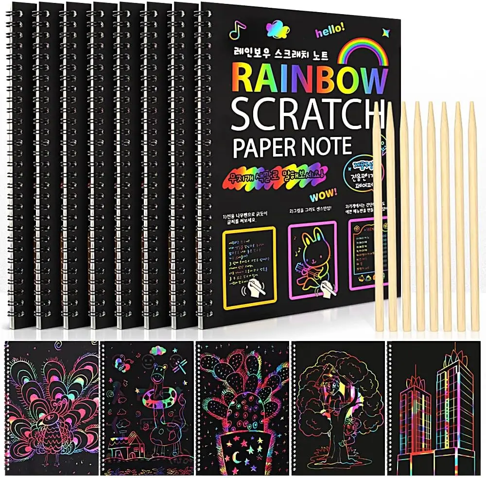 

8 Pack Scratch Art Notebooks for Kids, Rainbow Drawing Paper Set with Wooden Stylus for Party Favors