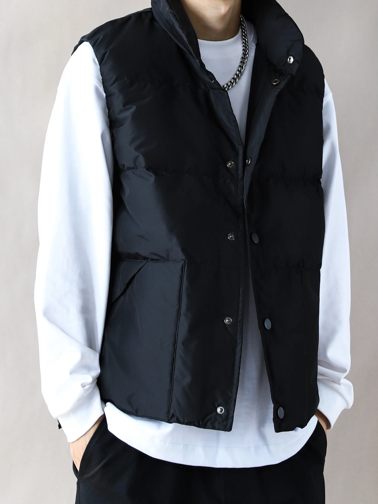 

Мужской утепленный пуховый жилет с воротником-стойкой, зимний, модный, свободного кроя, черный, новая модель, молодежный, на одной пуговице