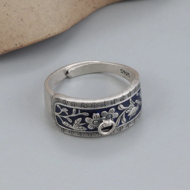 

S925 sterling silver branch leaves small flower ring female retro can be hung pendant national wind burnt blue craft index finge