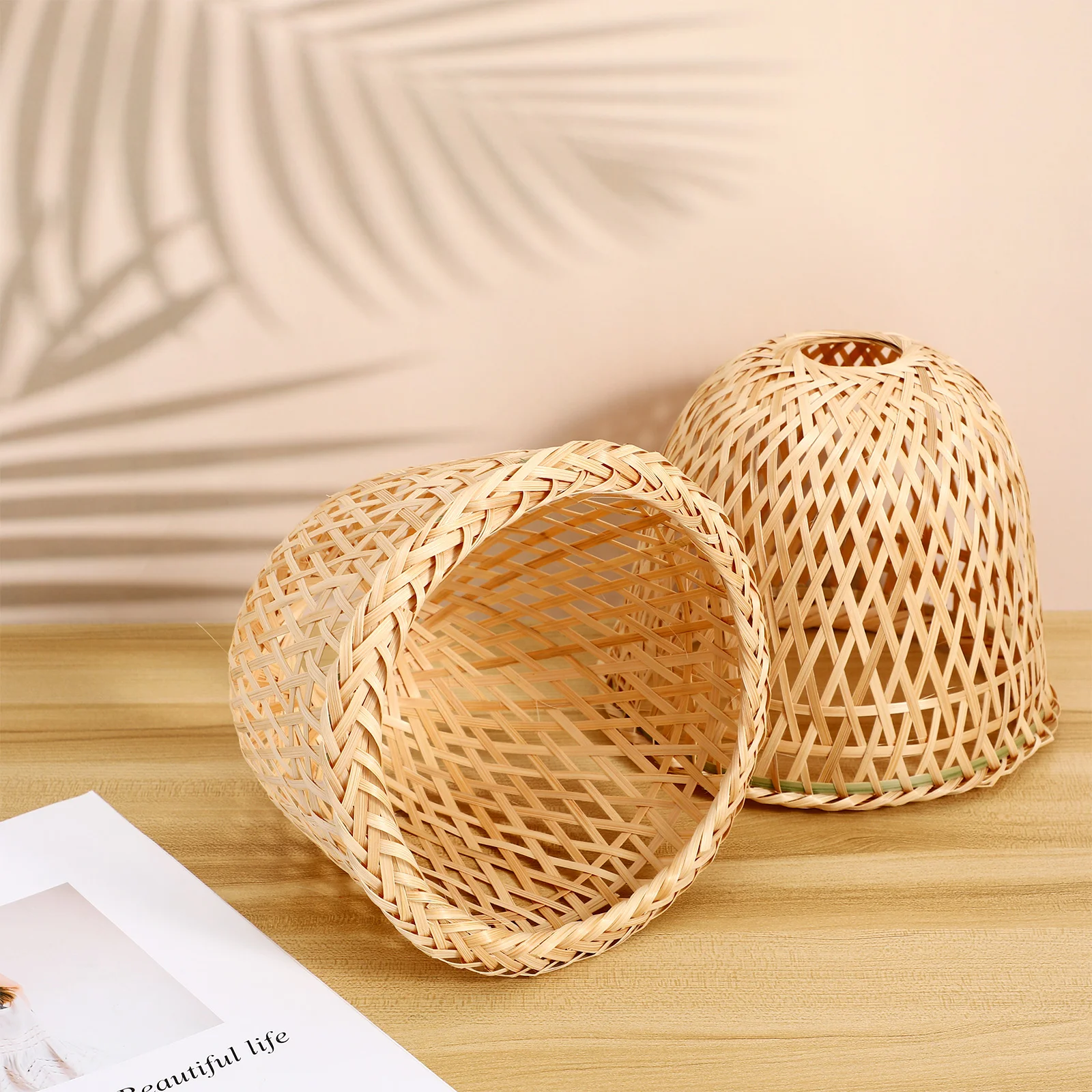 2 Pcs Bamboo Lampshade Ceiling Accessory Lampshades Decor Light Bulb Rustic Style Woven Weaving for Hanging Khaki