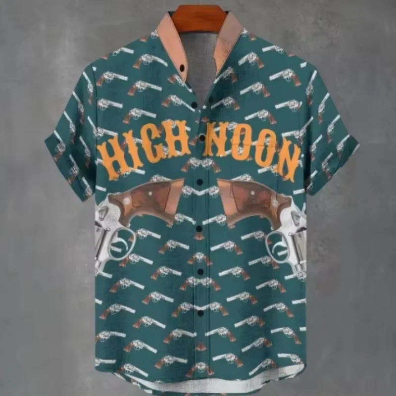 Kemeja Kancing Sebaris Kerah Berdiri Lengan Pendek Linen Kasual Musim Panas Pria Baru 2025 Atasan Cetak Nyaman dan Modis