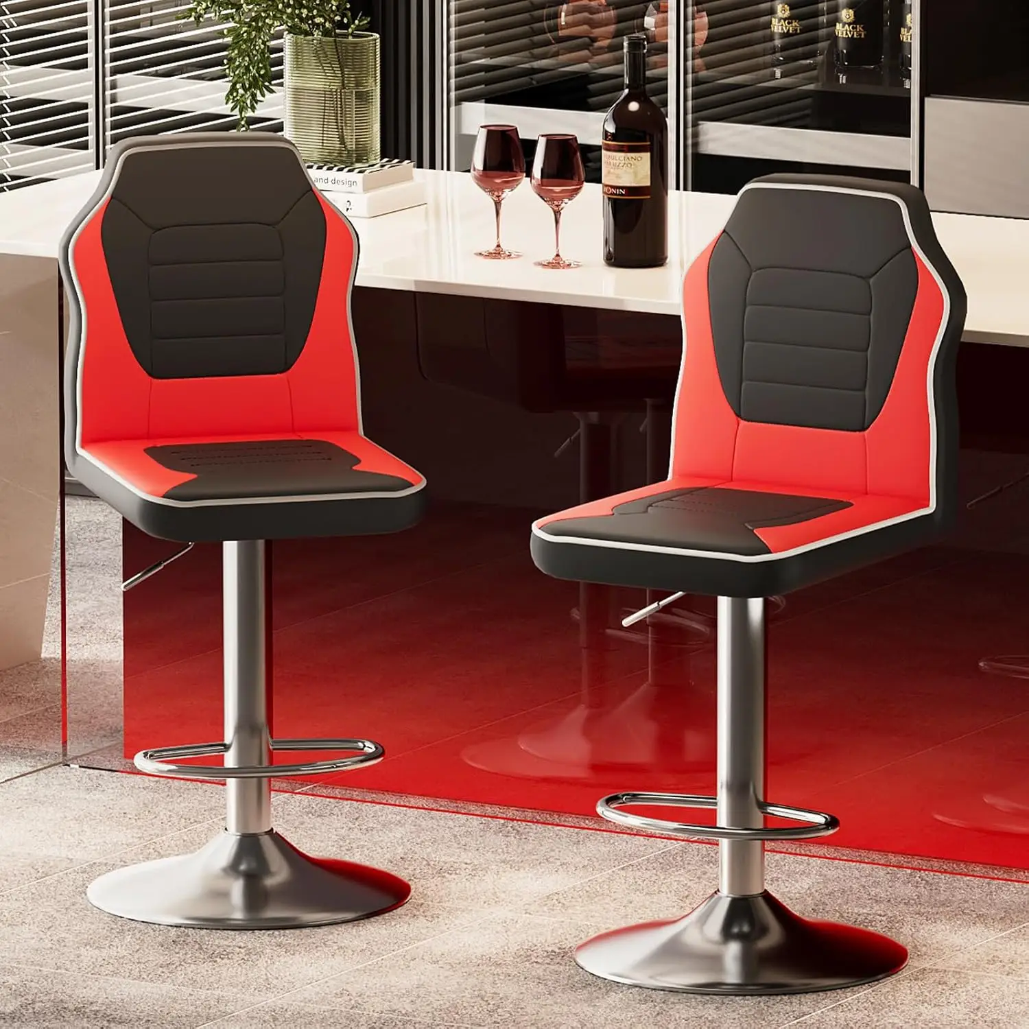 

Racing Style Bar Stools Set of 2, Adjustable Counter Height Chairs with Faux Leather, 360° Swivel Bar Stools with Backs