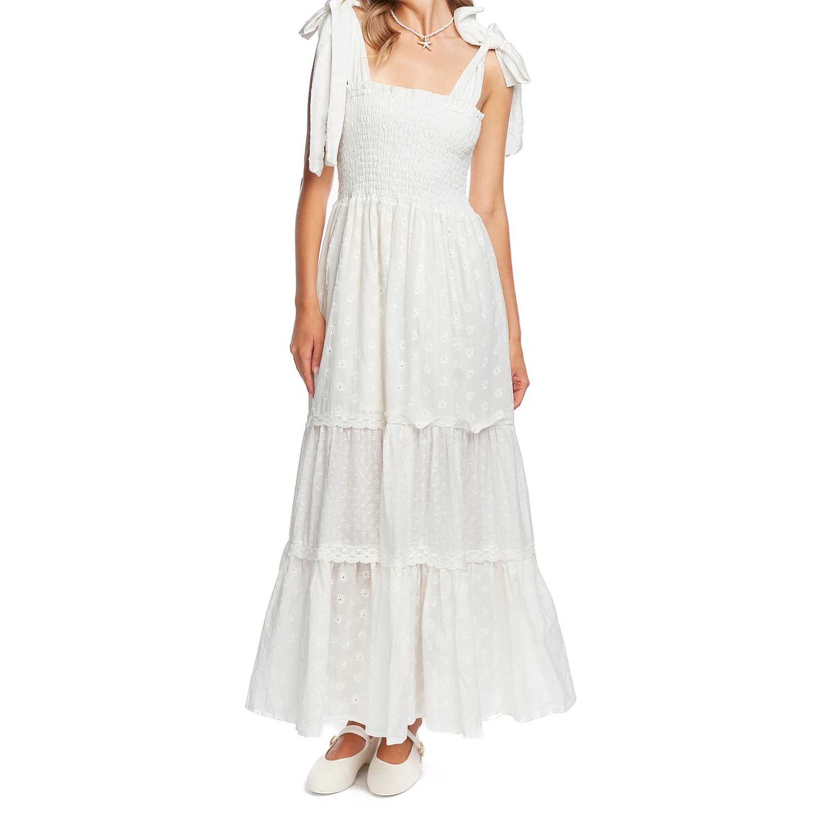 Women’s Tie Shoulder Dress Summer Sleeveless Square Neck Eyelet Dress Long Smocked Dress