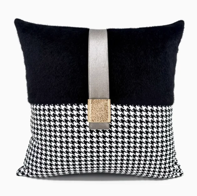 Black white houndstooth pattern cushion cover pillowcae gold buckle waist pillow cover backrest