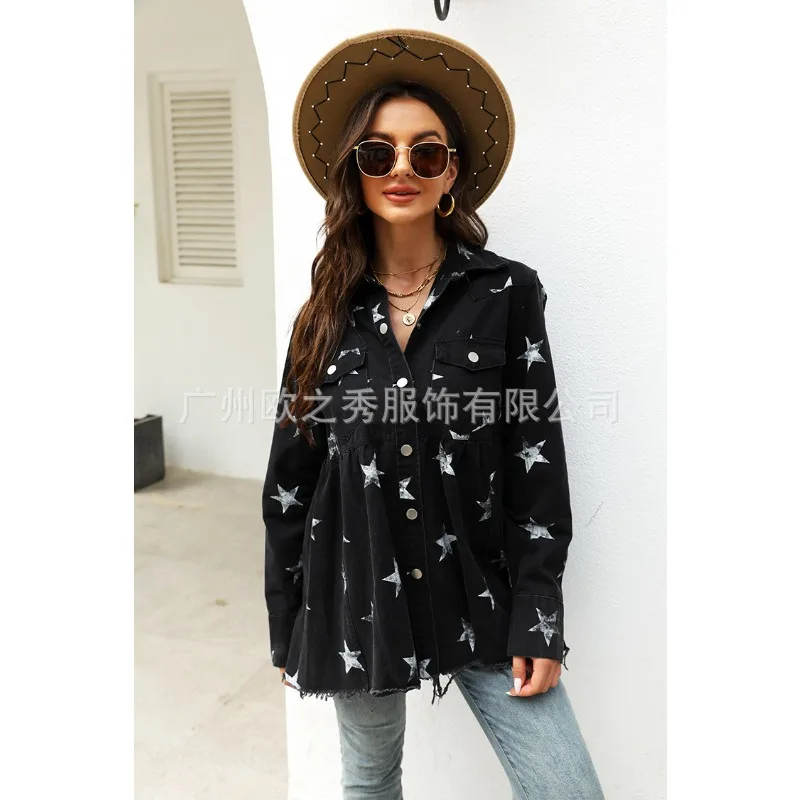 Women's Autumn Spring Top Coat Shirt Cardigan Denim Lapel Star Print Frayed Waist Casual Design Fashion Niche Versatile Skinny