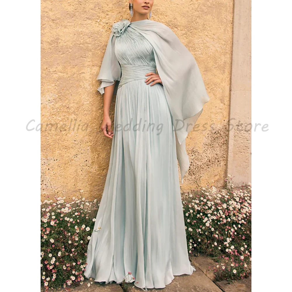 

Elegant Pleated Chiffon A Line Evening Dress With Cape Sleeve 3D Flower Floor Length Mother Bride Dress
