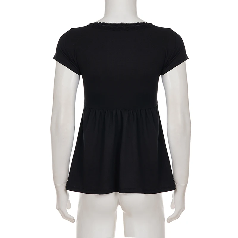 SUCHCUTE Schwarzes Spitzen-Patchwork-T-Shirt mit V-Ausschnitt und kurzen Ärmeln für Damen, passend zu einfarbigen Basic-Tops, Sommer-Outfits, Y2k-T-Shirt, lässig – Detail 6