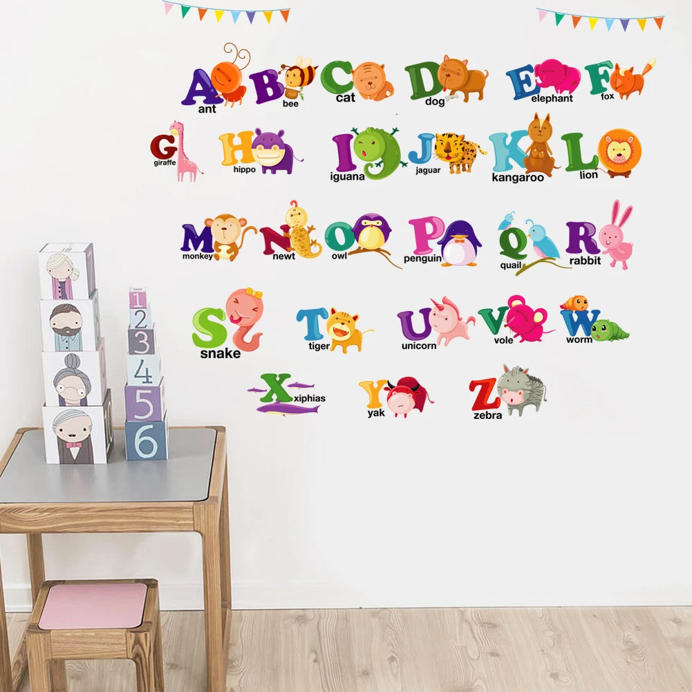 Cartoon creative 26 English alphabet English word animal wall stickers children\'s room kindergarten early education decoration