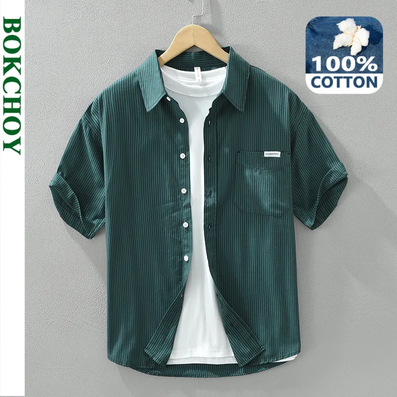 Spring Summer Cargo Striped 100% Cotton Short Sleeve Shirts Men Clothing Thin Comfortable Streetwear CM8052