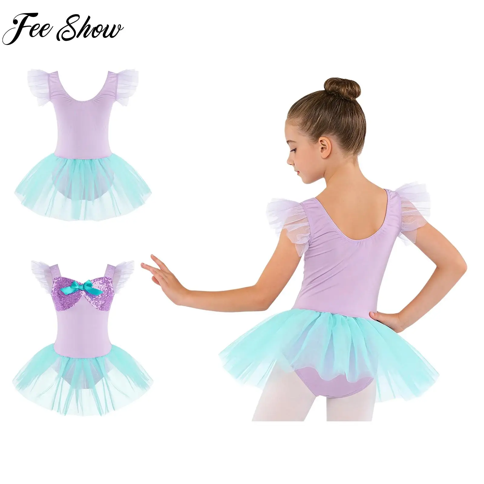 Kids Girls Tutu Ballet Ballerina Dance Practice Performance Costume Ruffled Sleeves Bow Sequin Leotards Patchwork Tulle Skirted