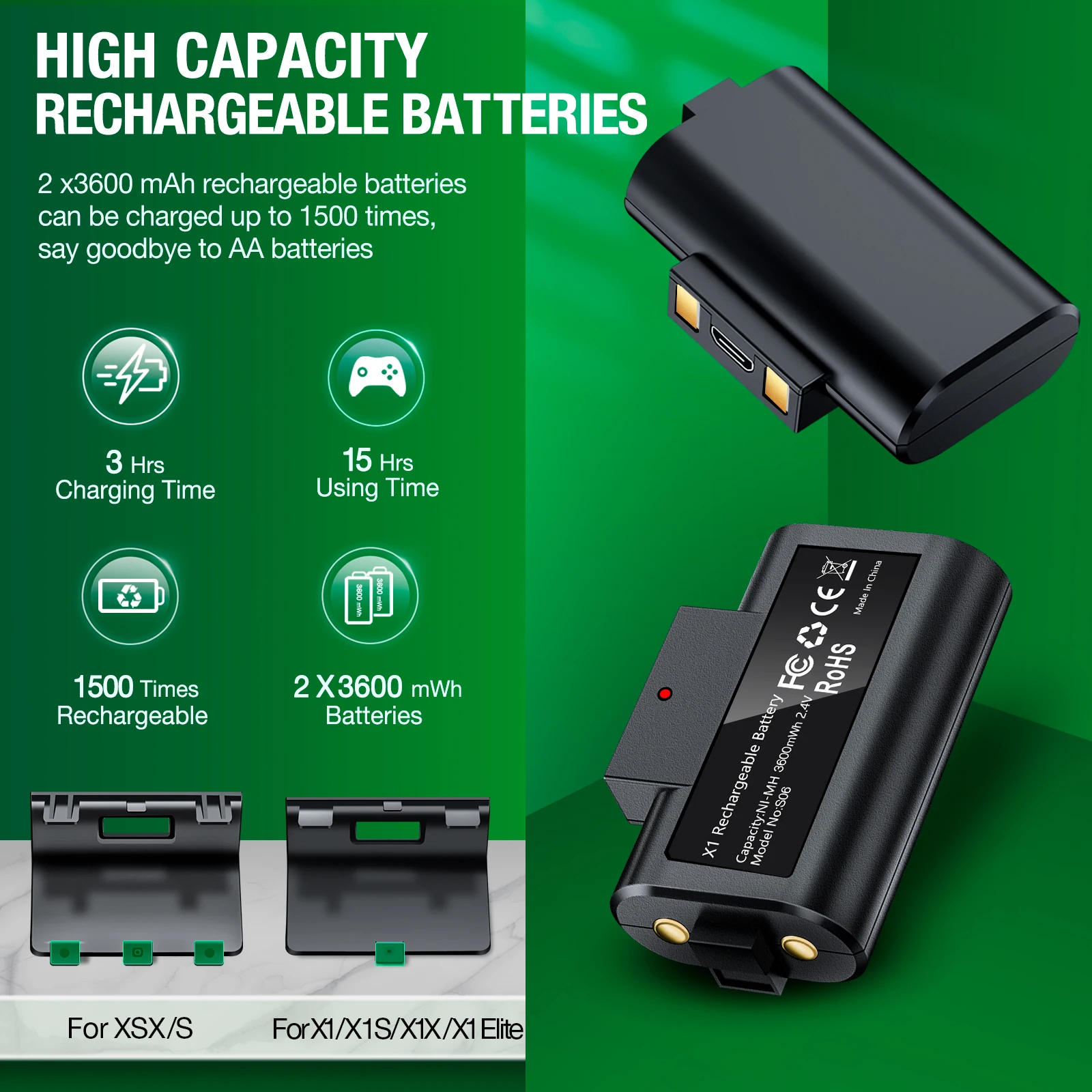 DinoFire S06 لوحدة تحكم Xbox One بطاريات 2x3600mWh لملحقات Xbox One // S / X /Xbox Series X/S