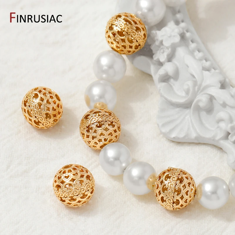 

8/10mm 14K Gold Plated Brass Round Hollow Spacer Beads,Separator For Beads,Heart Pattern Beads For DIY Jewelry Making Supplies