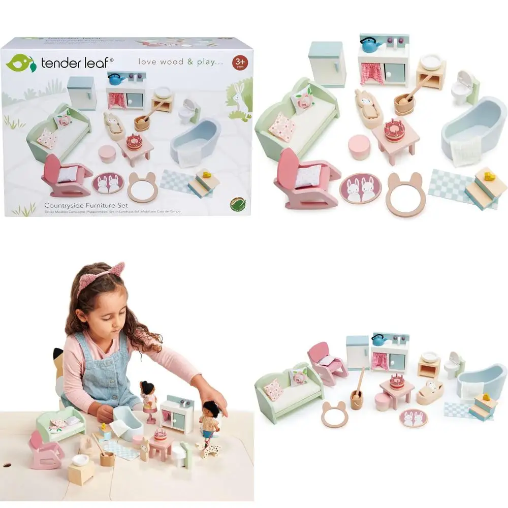 

Rustic Dollhouse Furniture Set - Complete Miniature Bathroom, Living Room, Kitchen for Imaginative Play, Ages 3+