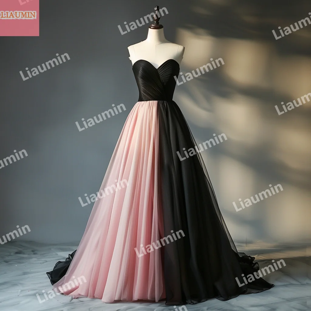 Custom Pink Tulle And Black Pleat Lace Up Back Sweetheart Prom Dress Floor Length Strapless Evening Formal Clothing W15-48.19