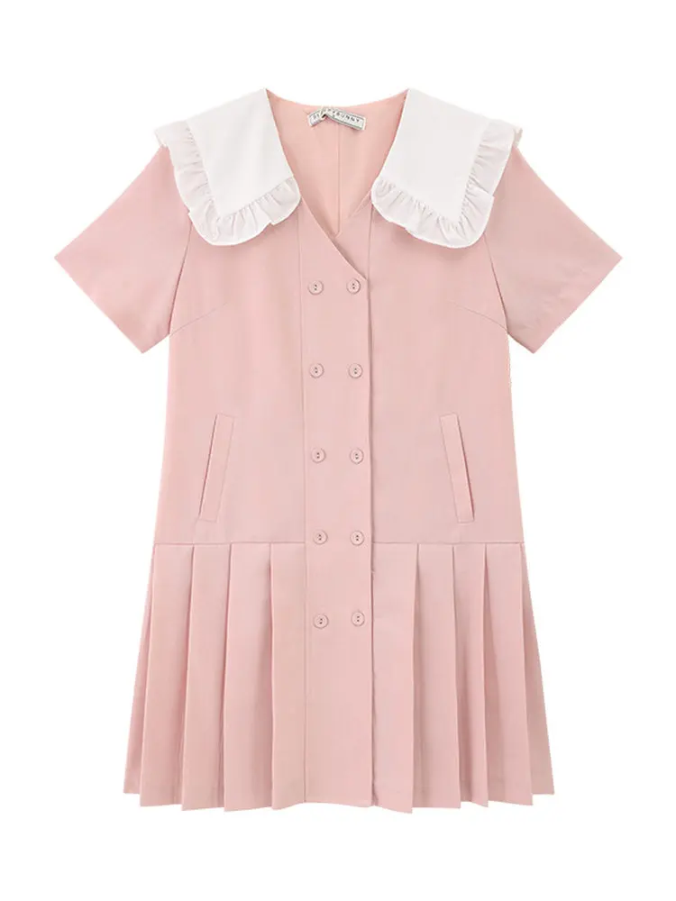 Sweet Pleated Mini Dress for Women Contrast Collar Double Breasted V-Neck Outfit Preppy Style Fake Two Piece Pink Summer Outfit