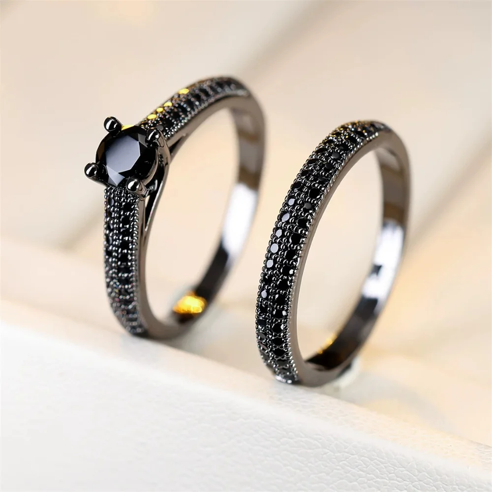2pcs/set Vintage Round Stone Black Crystal Zircon Ring Sets For Women Antique Black Metal Engagement Bands Wedding Jewelry Gifts
