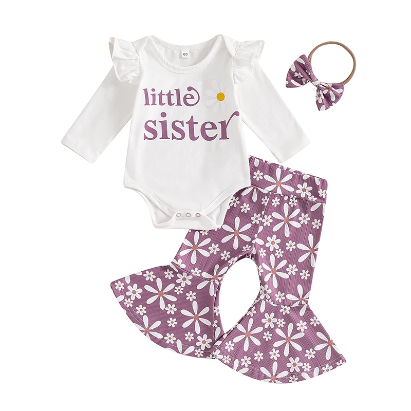 Little Sister Newborn Outfit Retro Bodysuit Daisy Flared Pants Bell Bottoms Cute 3Pcs Fall Coming Home Outfit 0-18M