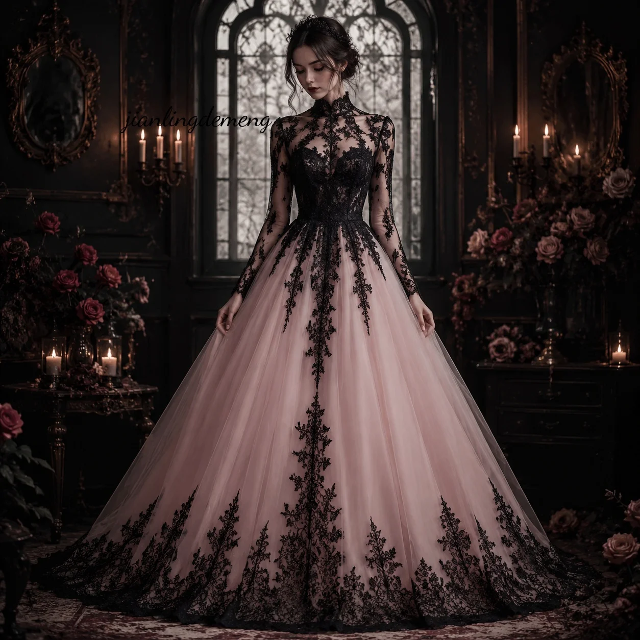 Dunkles, gotisches, schwarzes Spitzen-Brautkleid in Blush-Pink aus Tüll, A-Linie, Hochzeitskleid mit hohem Kragen und langen Ärmeln, individuell anpassbar