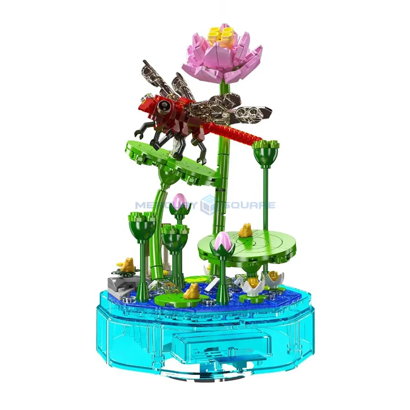 Dragonfly Insects Music Box Model Building Blocks MOC 10106 Lotus Flower Leaf Bricks Pond Landscape Creative Ideas Toy Gift Kids