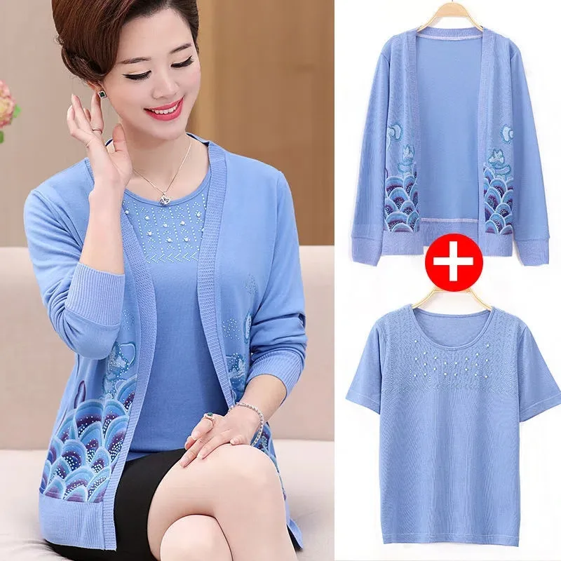 

Middle Aged Elderly Mother Blouse Suit Spring Summer Autumn T-Shirt Knitwear Tops Cardigan Coat @ Short Sleeved Tshirt 2 Pec Set