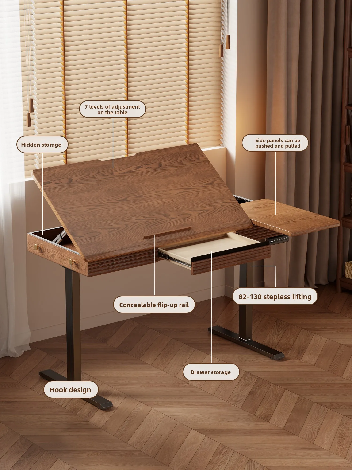 Electric Height‑Adjustable Solid Wood Desk Tiltable Tabletop for Drawing Calligraphy Home Work Study Computer Use