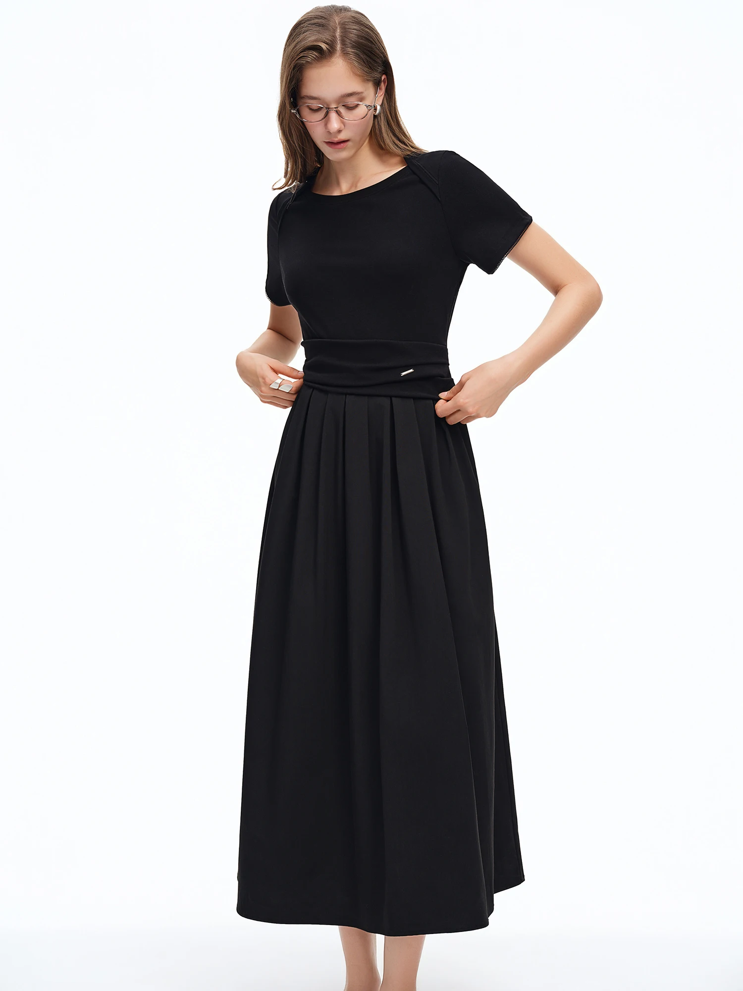 DUSHU 2026 Summer Women's Crossed Boat Neck Tuck Detail Knit Panel Black Midi Dress - Elegant Stylish for Party and Daily Wear