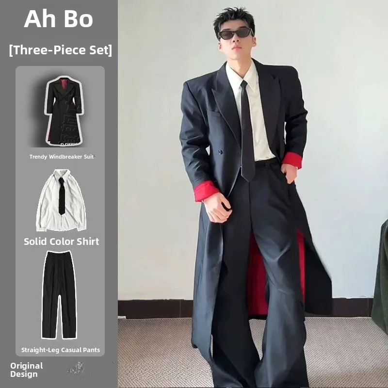 

Мужское пальто Yan Phi Sle черно-красное с внутренними подплечниками, средней длины, в корейском стиле, с поясом на талии, для осени и зимы