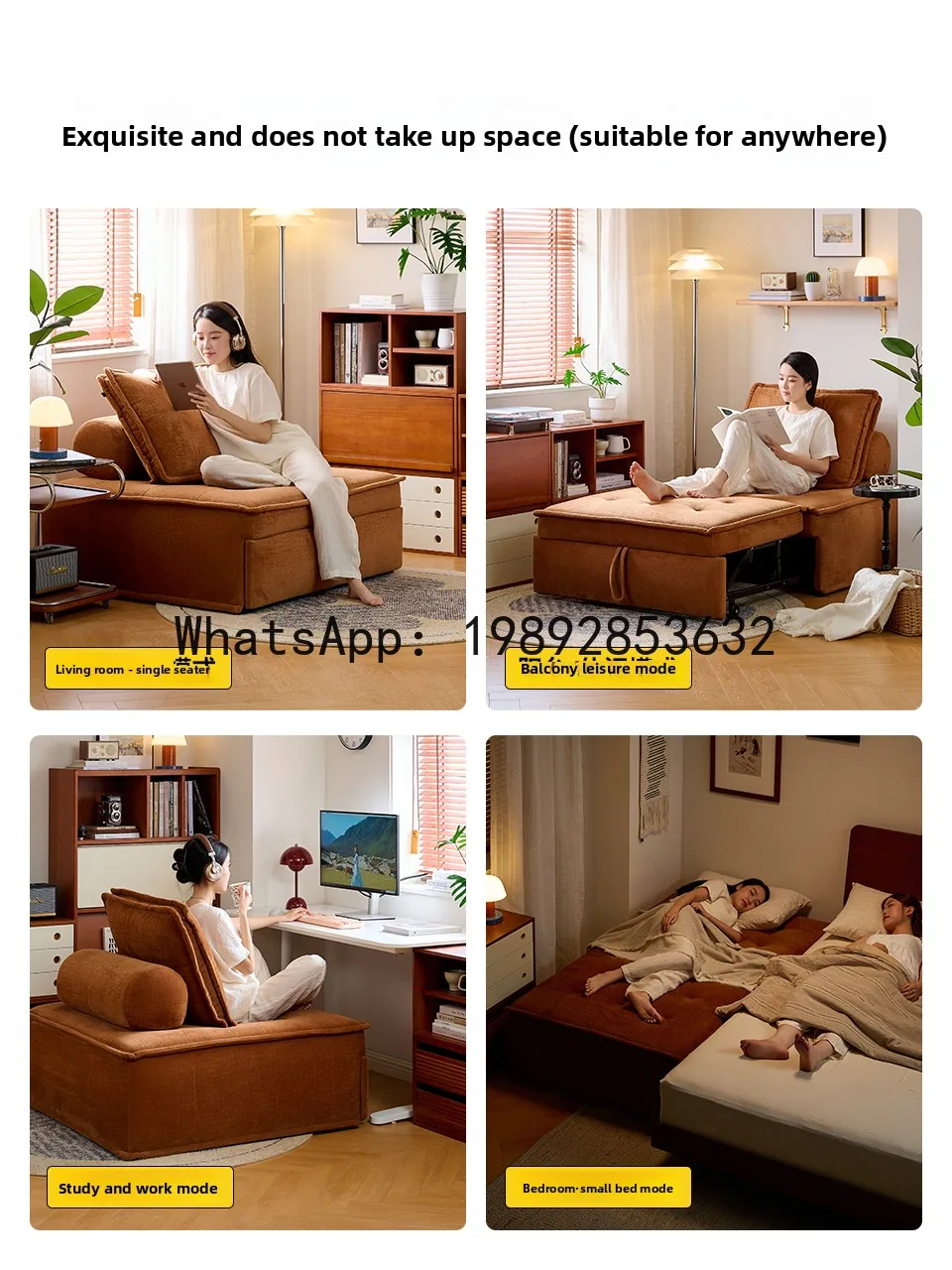 LYY Vintage Sofa Bed Foldable Small Apartment Living Room Pull-out Dual-use Retro Balcony Multi-functional Reclining Sofa Bed