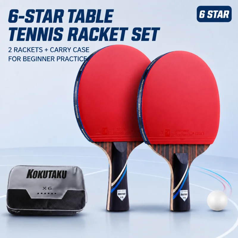 6つ星カーボン卓球ラケットセット、ピンポンパドル、7層黒檀木製バット、ゴム製ピンプル付き、初心者練習用キャリーケース入り