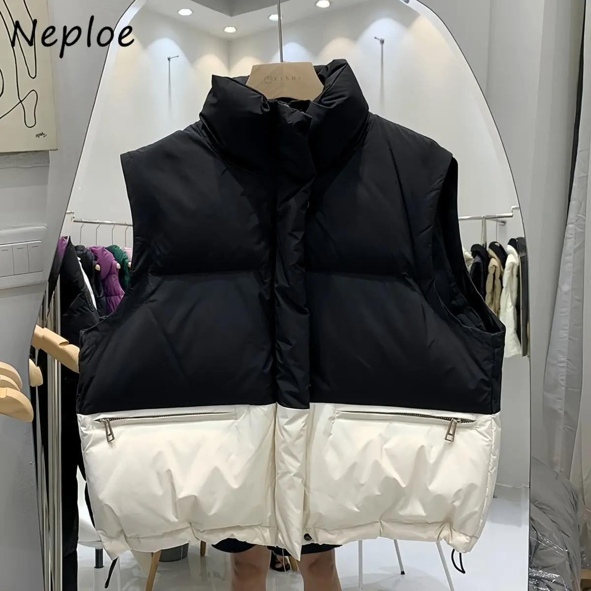 

Neploe, модный, хит продаж, жилет со вставками, новый свободный воротник-стойка, лоскутная куртка меньшинства на шнурке, простые офисные женские повседневные топы
