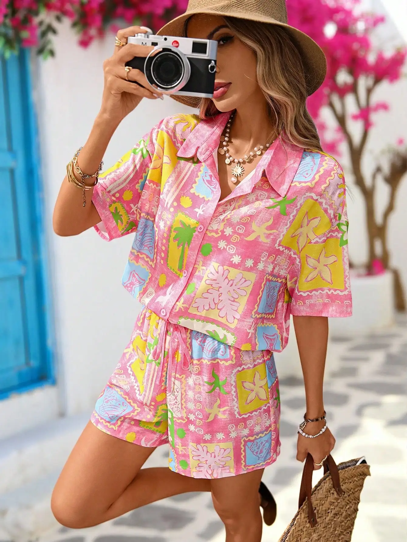

Women Summer Colorful Print Short Sleeve Shirt And Shorts Set Bohemian Tropical Vacation Outfit