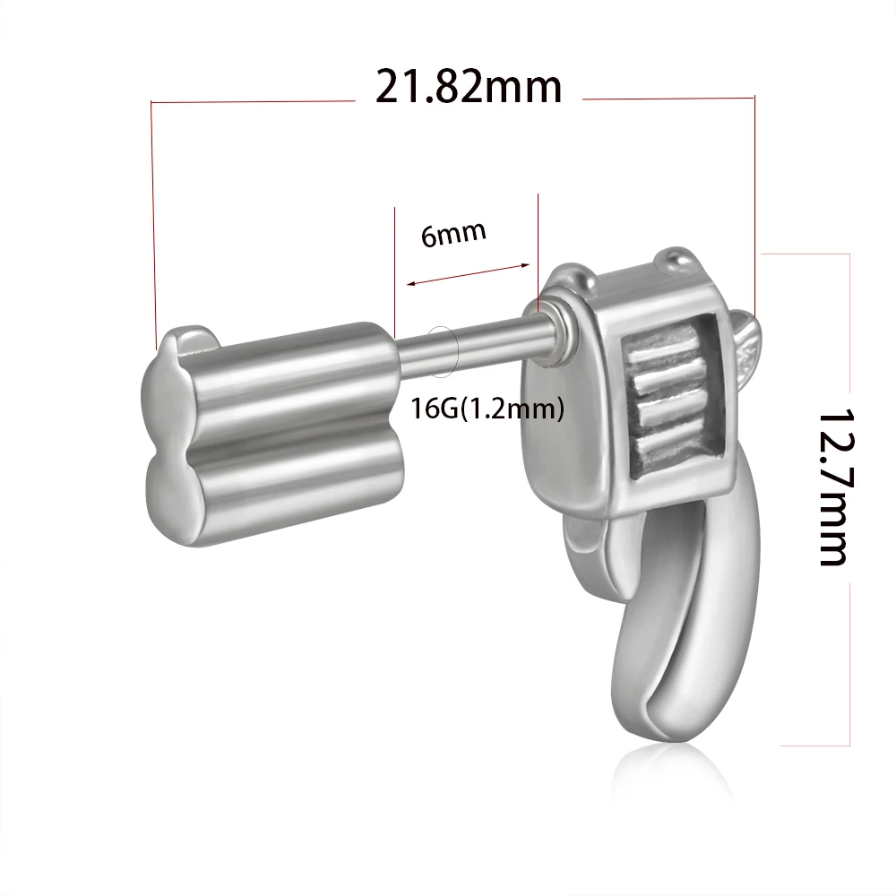 1/2PCS Surgical Steel Ear Tragus Cartilage Helix Earring  Studs Silver Color Handgun Pistol  For Women Men Piercing Jewelry16G