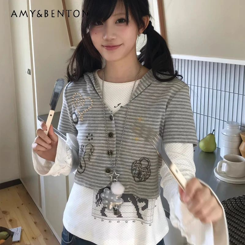 

Retro Design Gray Striped Hooded Women's Coats 2026 Spring Summer New Sweet Cute Loose Y2k Versatile Short-sleeved Tops Ladies