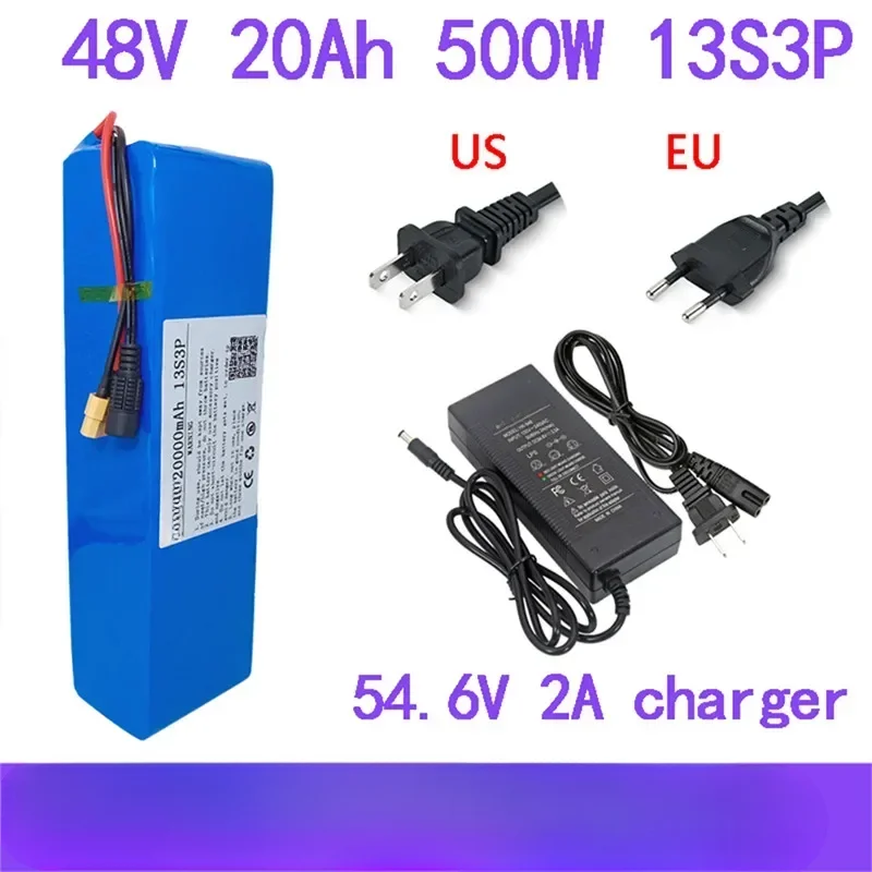 For XT60 18650 Lithium-ion Battery Pack 20Ah Suitable for 54.6V Charger with BMS New 48V 20000mAh 500W 13S3P