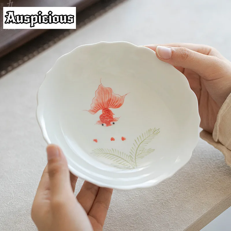 Hand Drawn Red Carp Teapot Holder Underglaze Color Fruit Plate Ceramic Flower Lace Dry Brew Table Tea Tray Cafes Gift Teaware