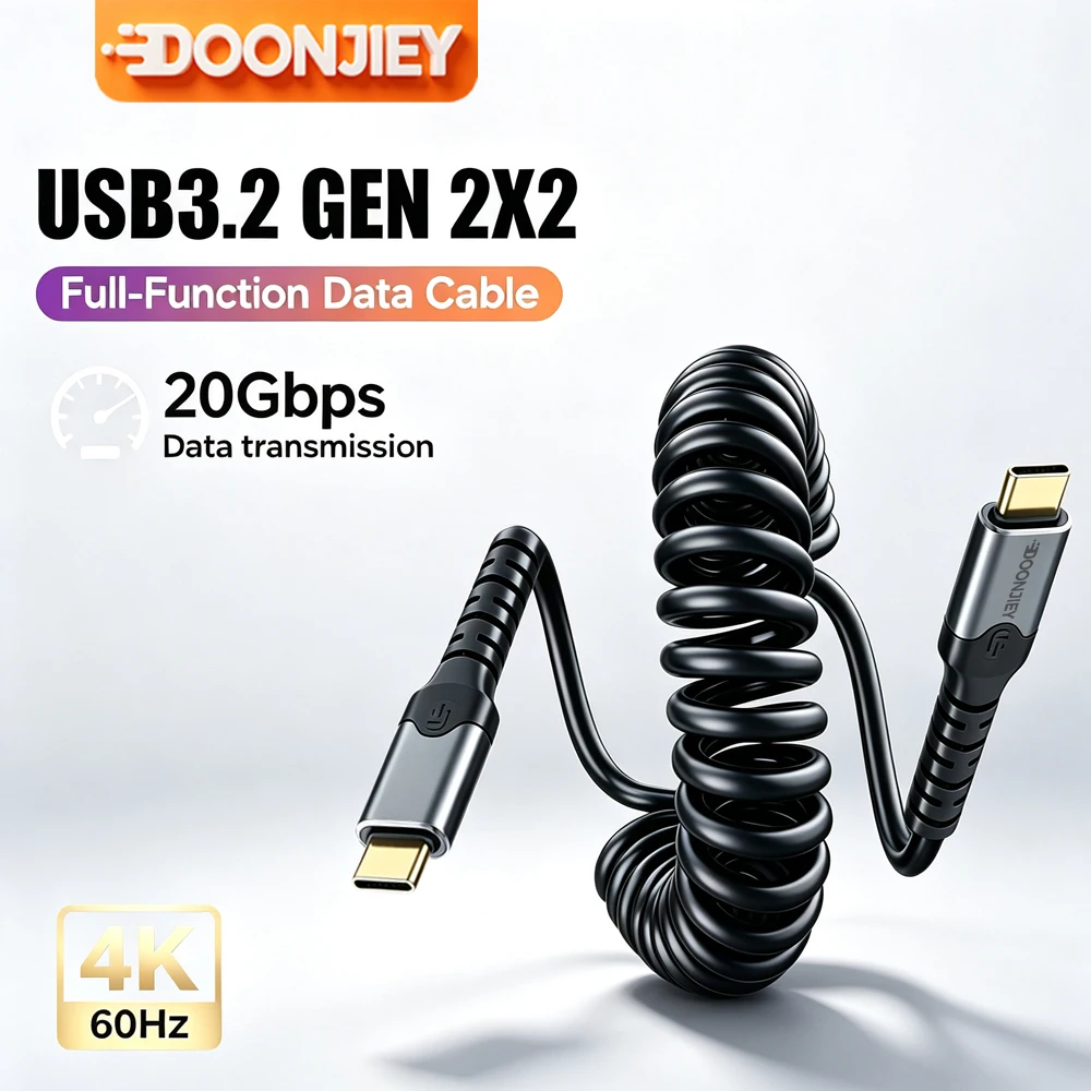Full Function Spring Coiled USB3.2 Gen2x2 20Gbps PD 100W Type-C Cable 4K Compatible Thunderbolt 3/4 For MacBook iPad
